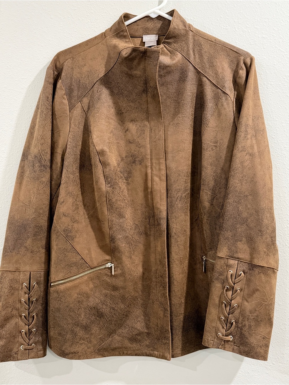 Chicos Vintage-Inspired Brown Suede Jacket with Lace-Up Cuffs size 2/ US 12/14
